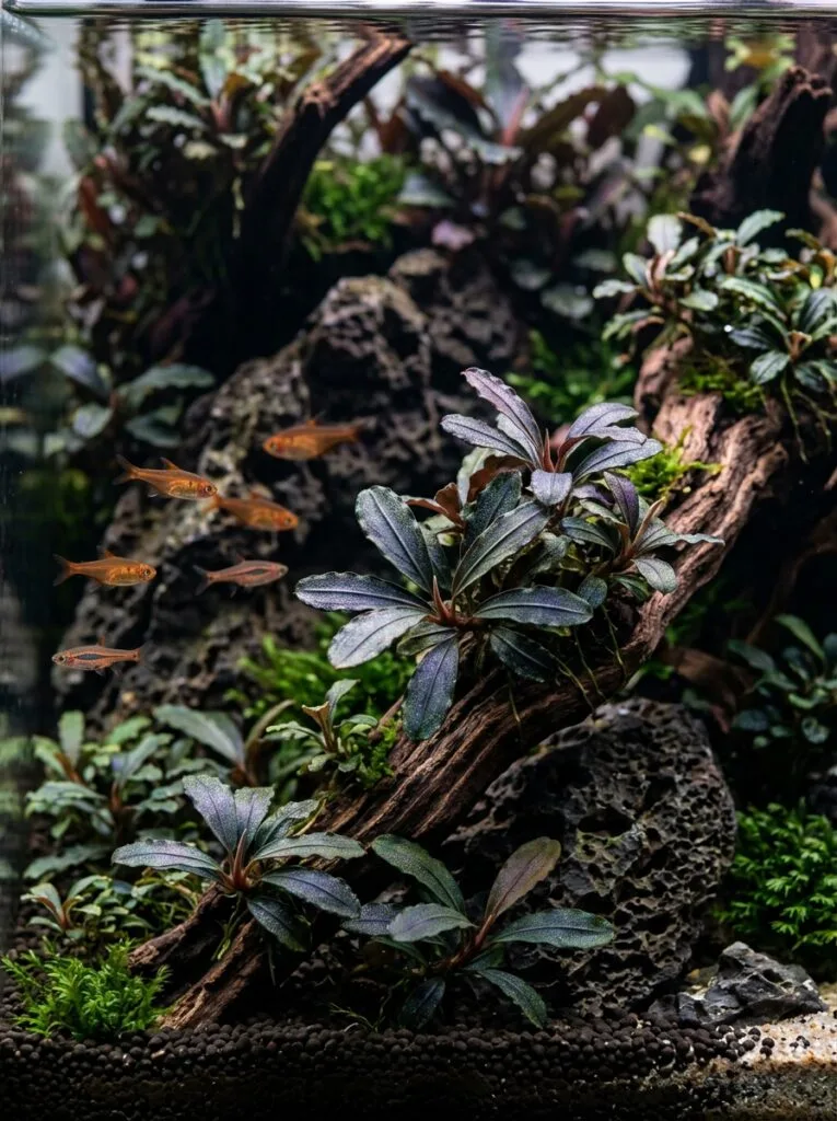 Bucephalandra attached to rocks in a nano aquarium