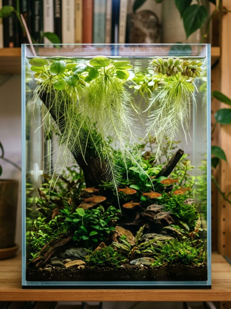 Amazon frogbit and salvinia floating in a nano aquarium