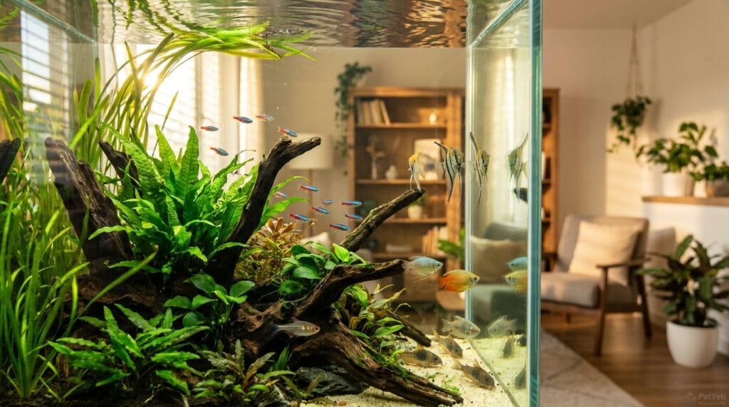 Colorful freshwater community fish swimming in a planted aquarium
