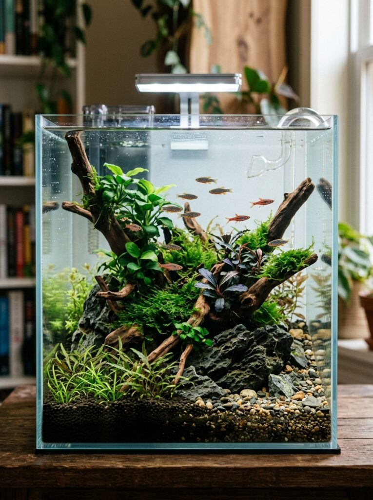 Balanced nano planted aquarium with multiple compact plant species