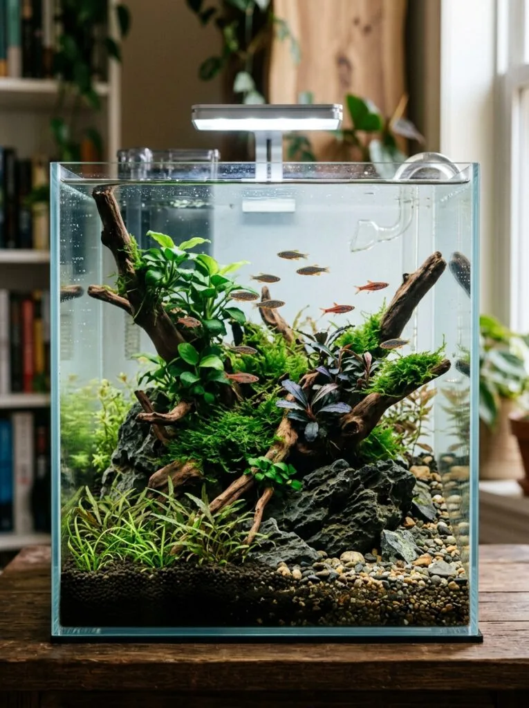 Balanced nano planted aquarium with multiple compact plant species