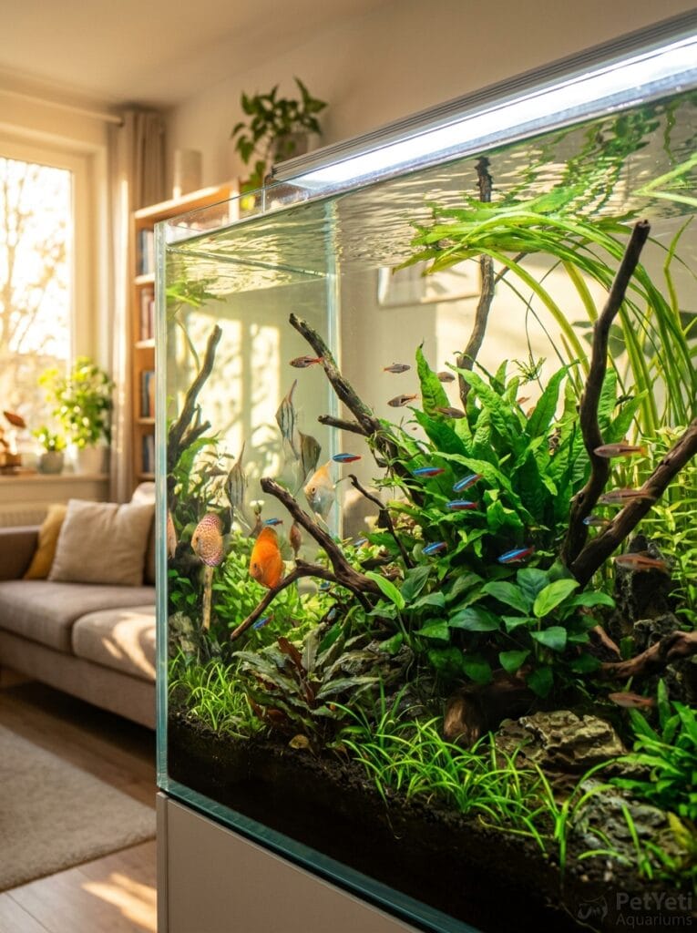 Colorful freshwater community fish swimming in a planted aquarium