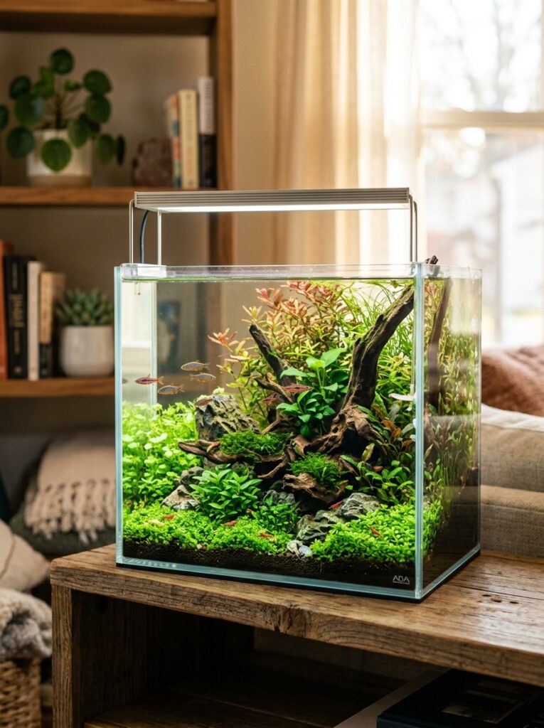 Small planted aquarium featuring healthy foreground plants and nano fish