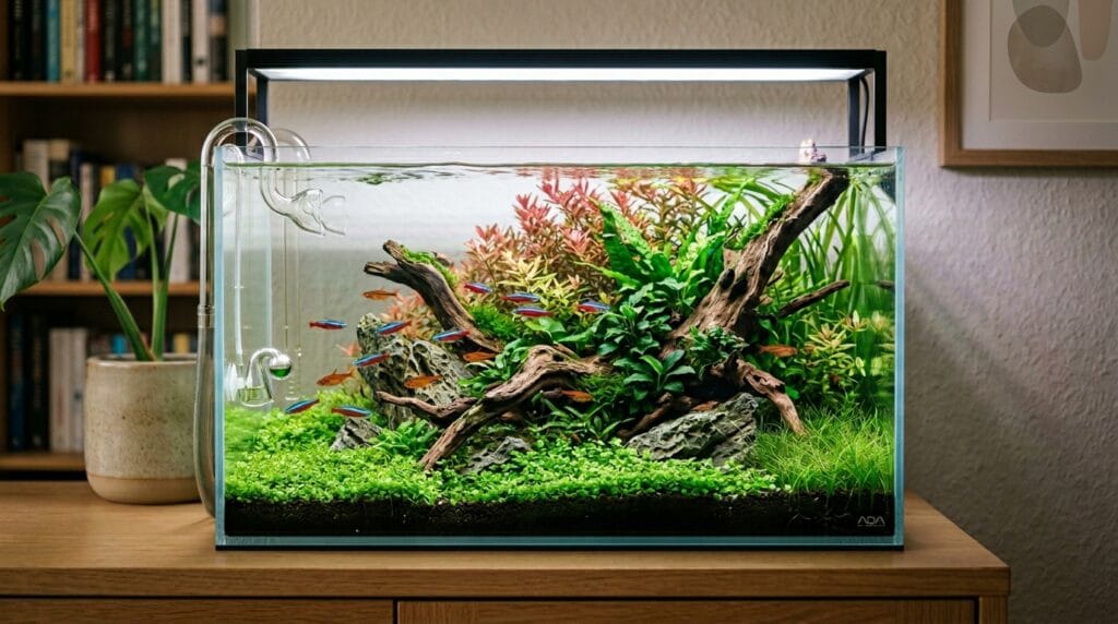 Small planted aquarium featuring healthy foreground plants and nano fish