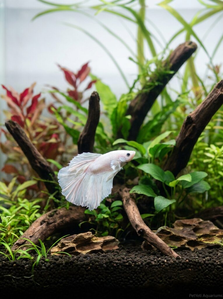 Betta fish being observed in a healthy planted aquarium.