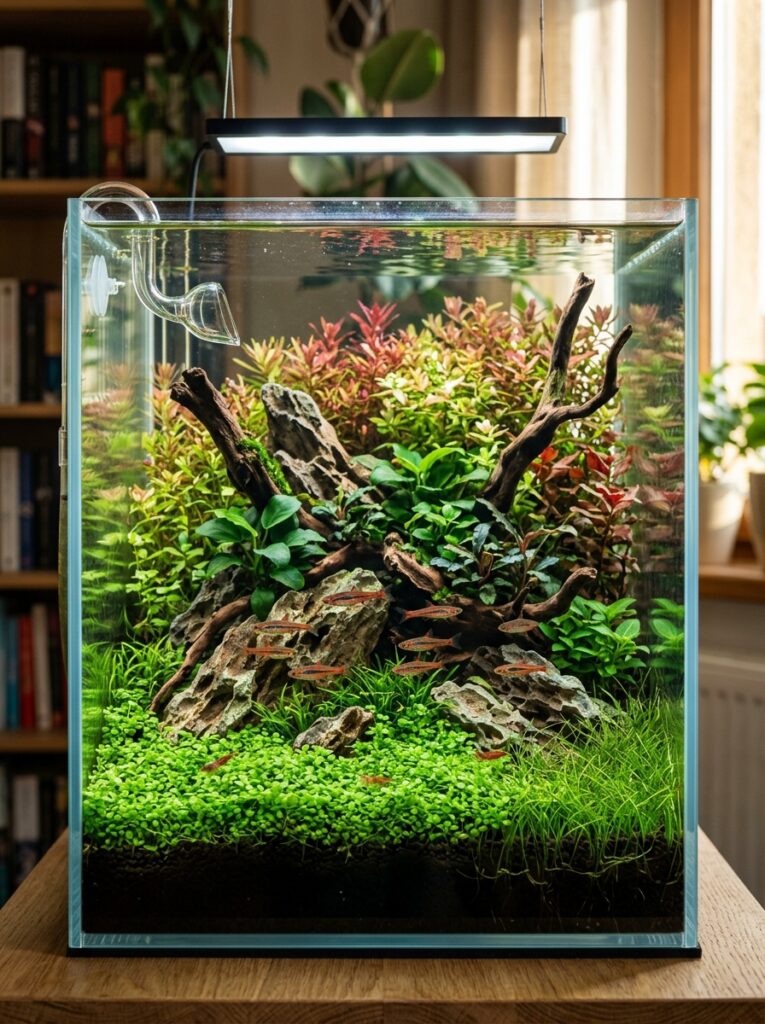 Balanced foreground planting creating depth in a nano aquarium