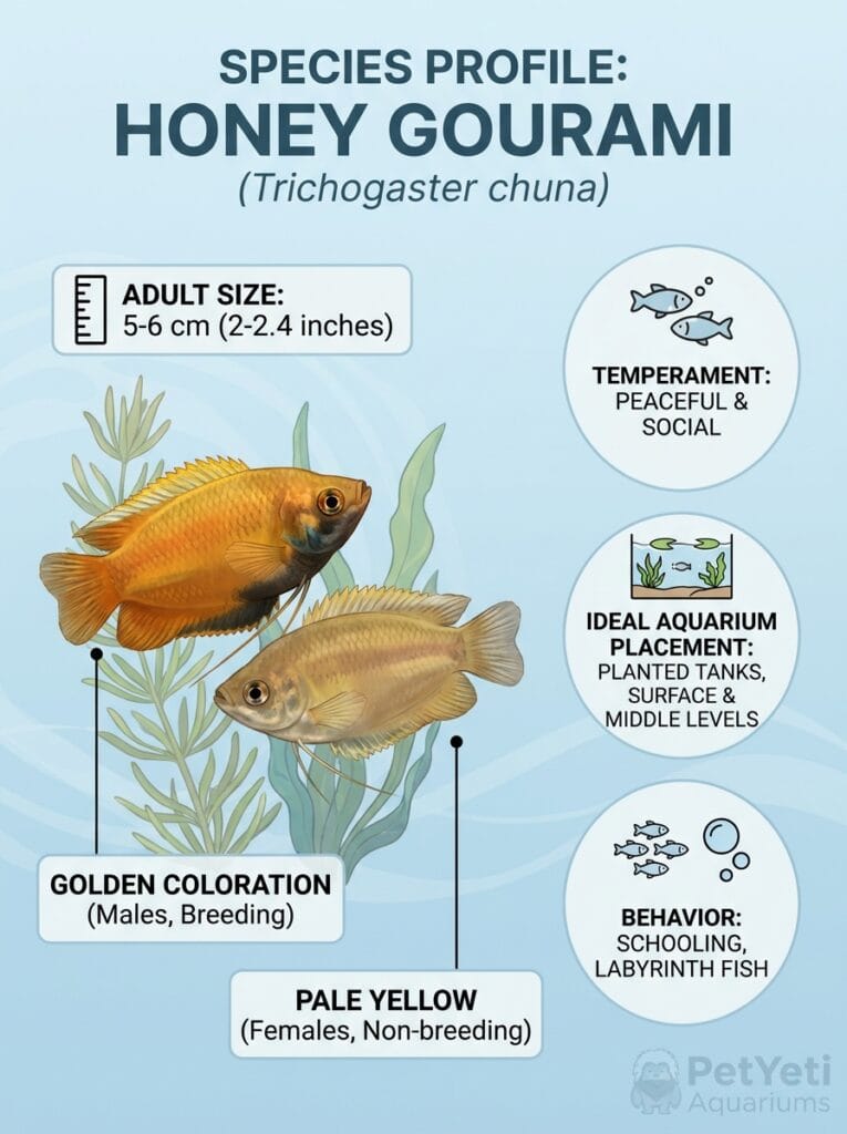Honey Gourami swimming among aquatic plants
