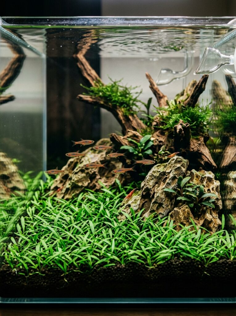Cryptocoryne Parva growing in the foreground of a small aquarium