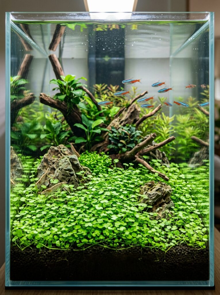 Monte Carlo carpet covering the foreground of a planted aquarium