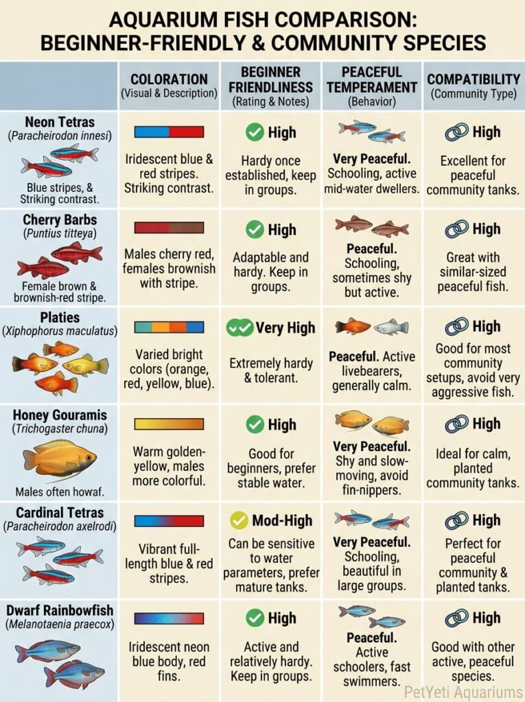 Comparison of colorful beginner-friendly community fish
