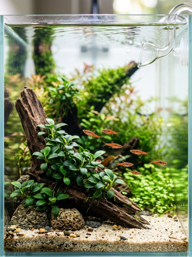 Anubias Nana Petite attached to stones near the aquarium foreground