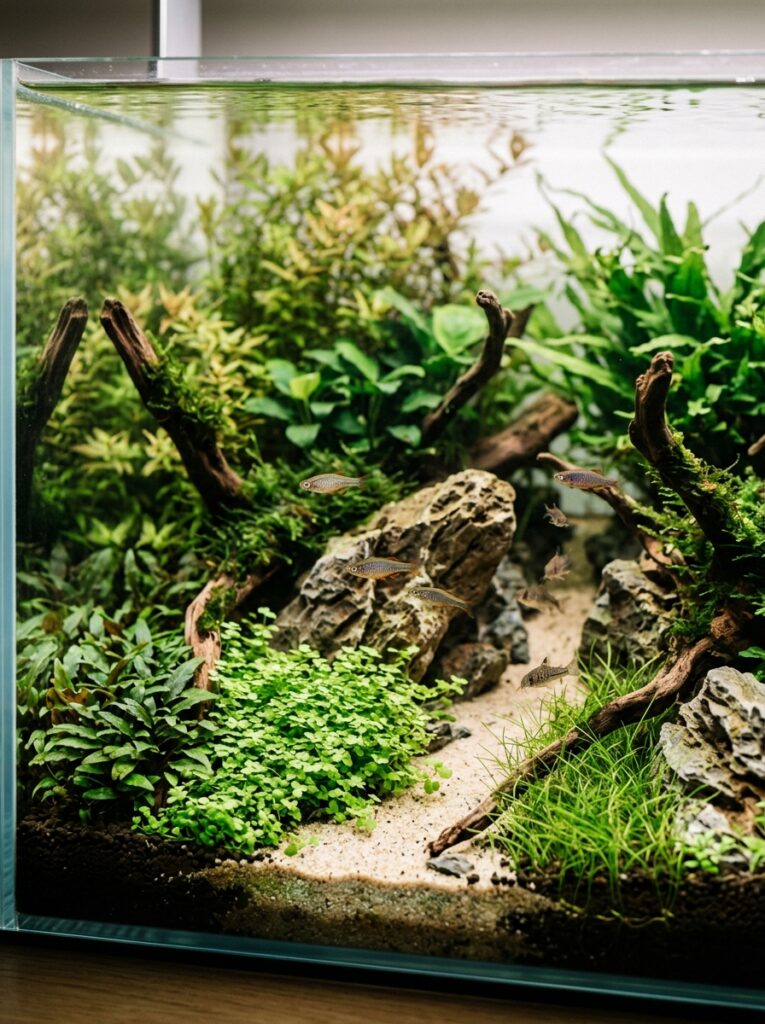 Well-balanced foreground planting with visible open space