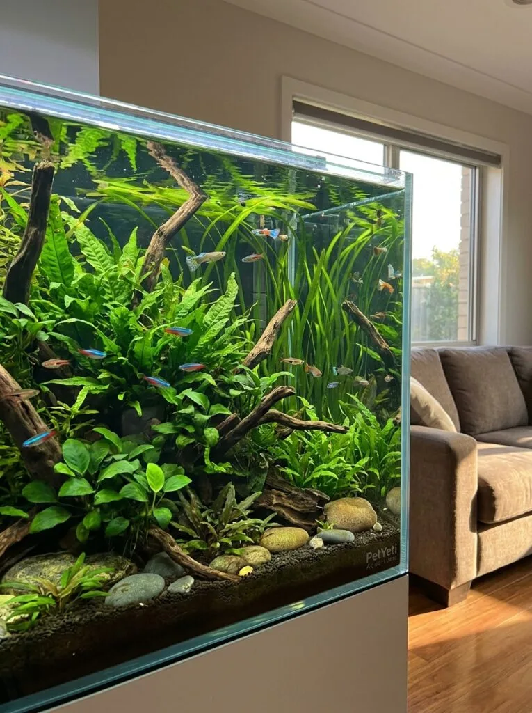Peaceful fish swimming through a heavily planted freshwater aquarium