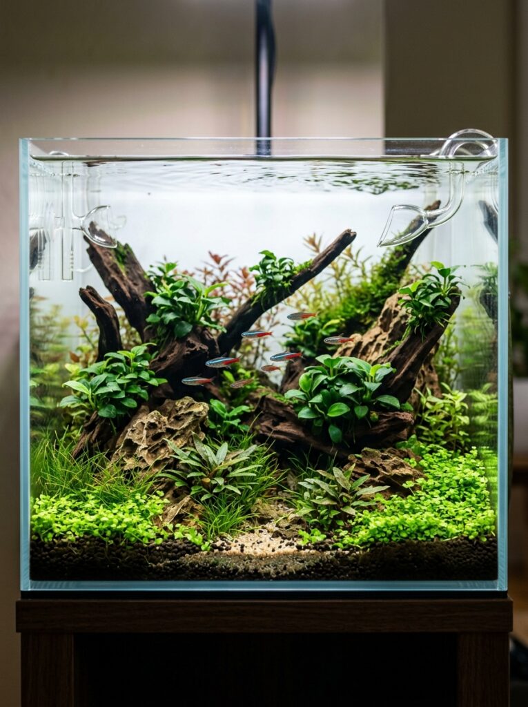 Beautiful aquascape featuring multiple foreground plant species