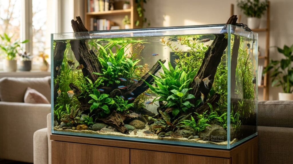 Peaceful fish swimming through a heavily planted freshwater aquarium