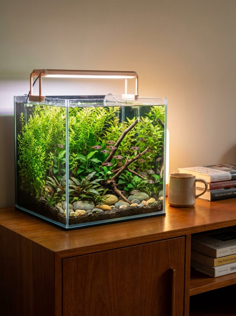Small aquarium with healthy background plants creating depth