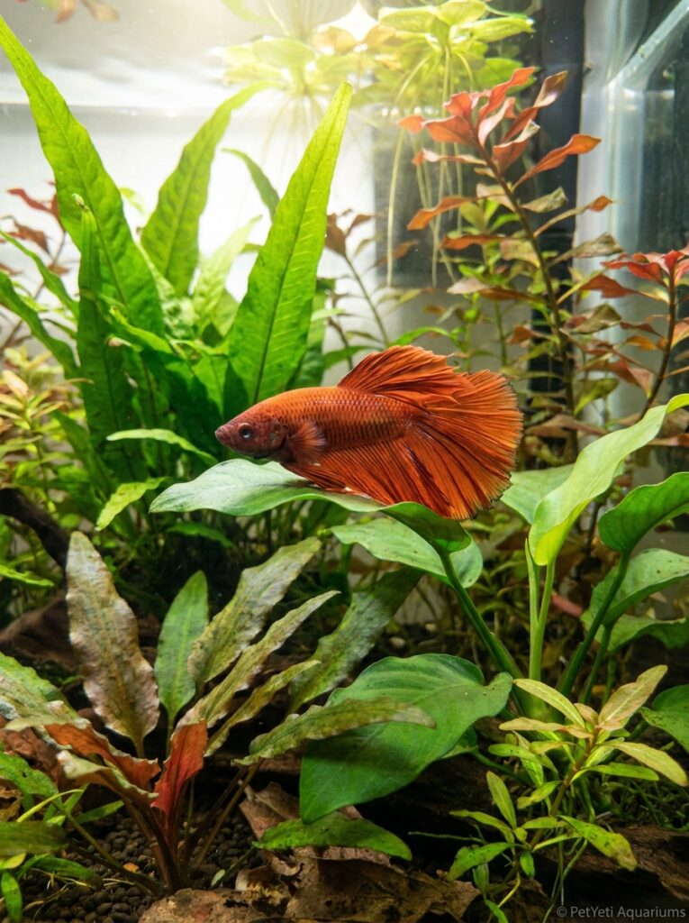 Mature Betta fish resting peacefully among healthy aquarium plants.