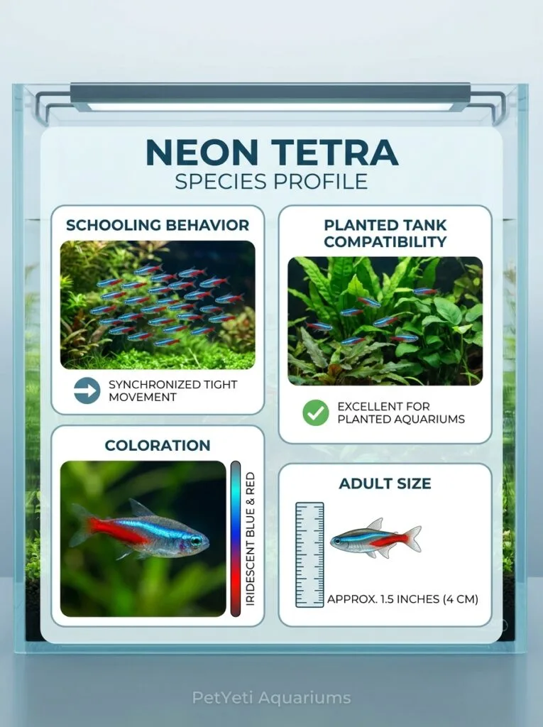 School of Neon Tetras swimming through dense aquatic plants
