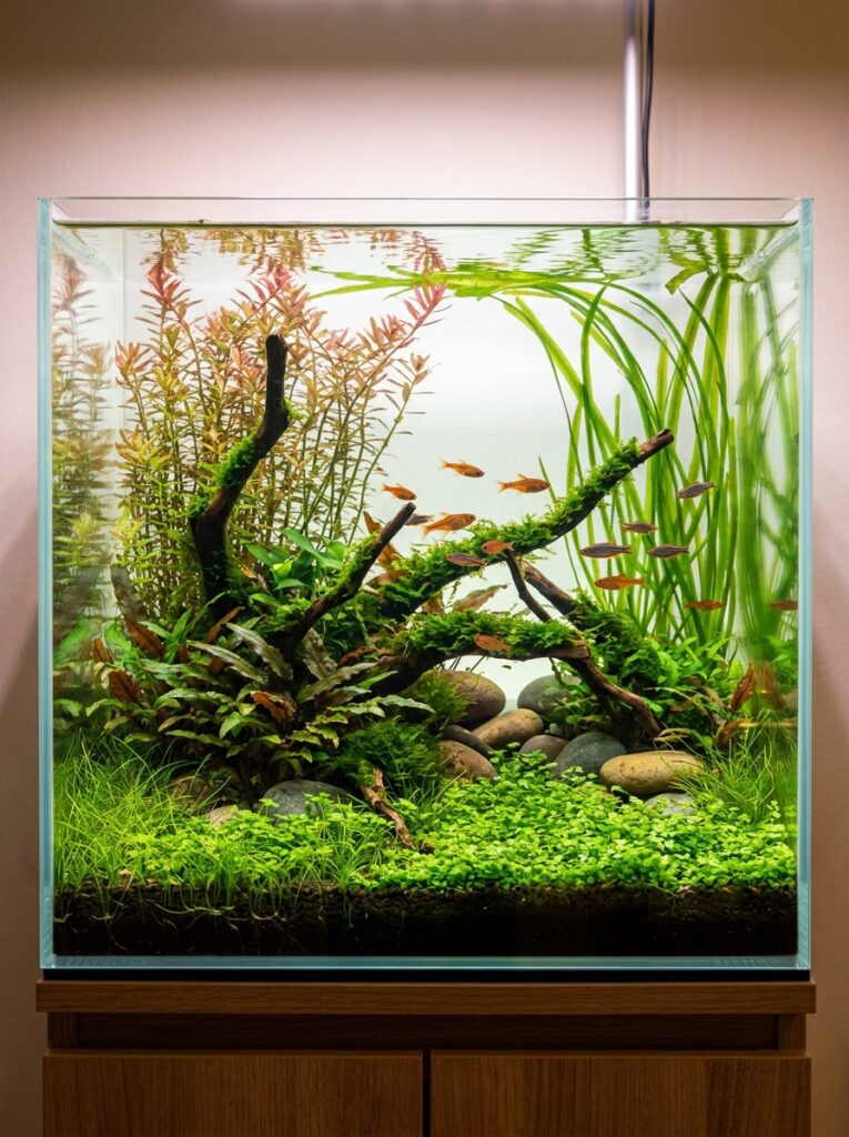 Tall aquarium plants growing along the back of a planted tank