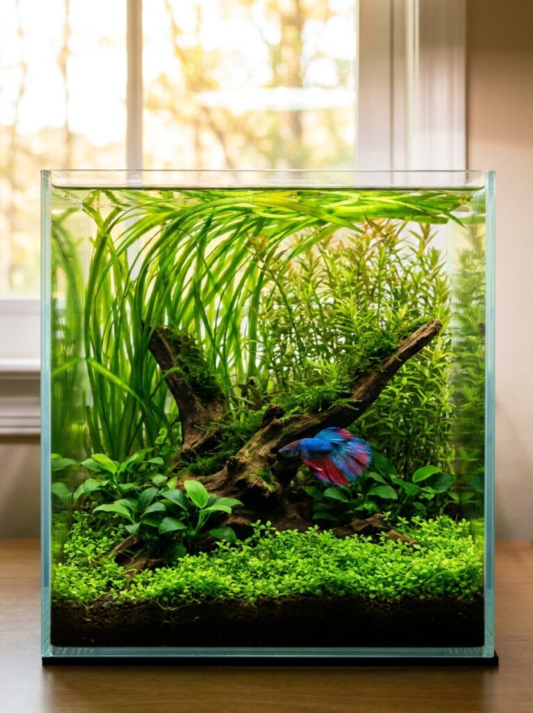 Background plants creating depth in a small aquarium