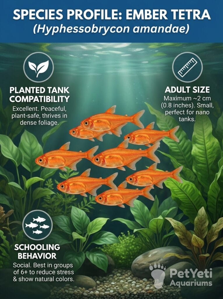 Ember Tetras swimming through dense green aquarium plants