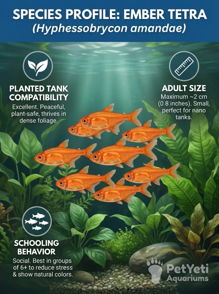 Ember Tetras swimming through dense green aquarium plants