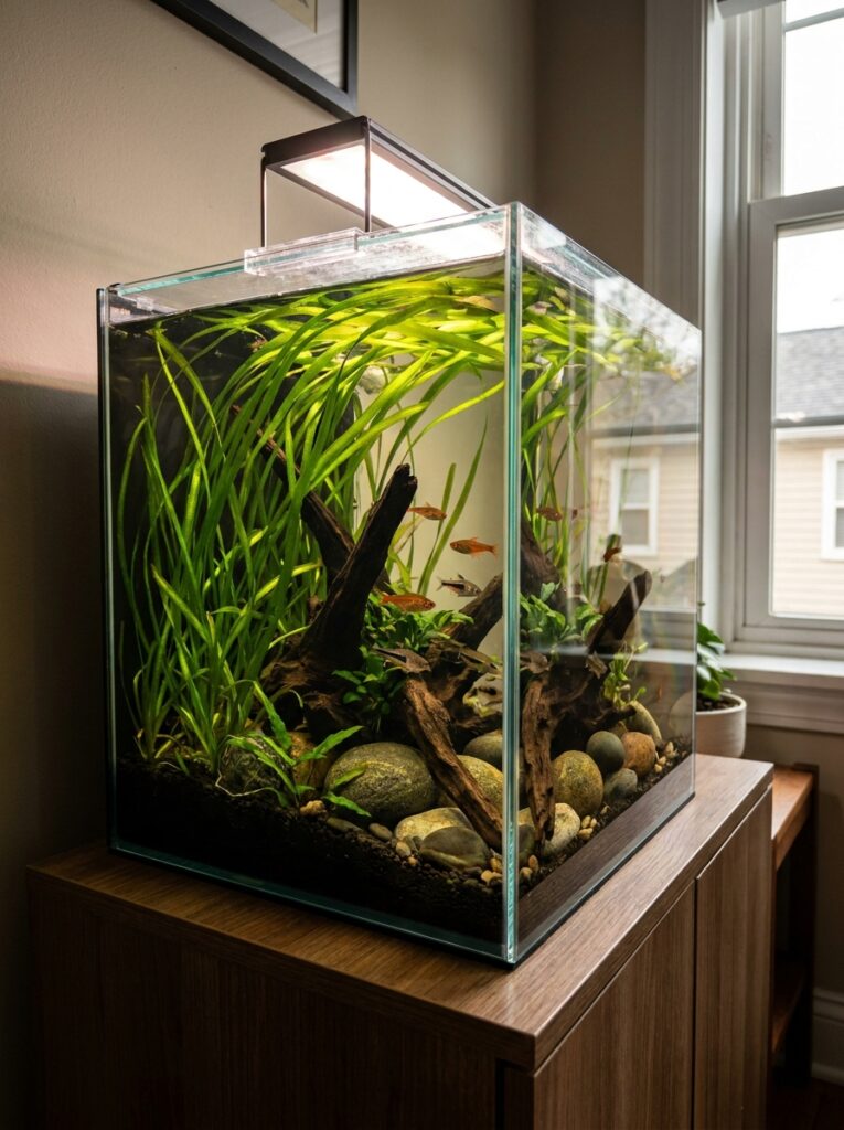 Vallisneria with long flowing leaves growing in the background
