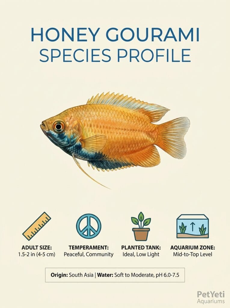 Honey Gourami swimming among dense live aquarium plants