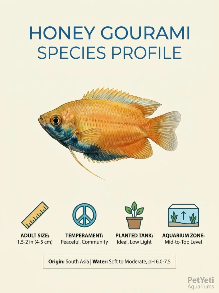 Honey Gourami swimming among dense live aquarium plants