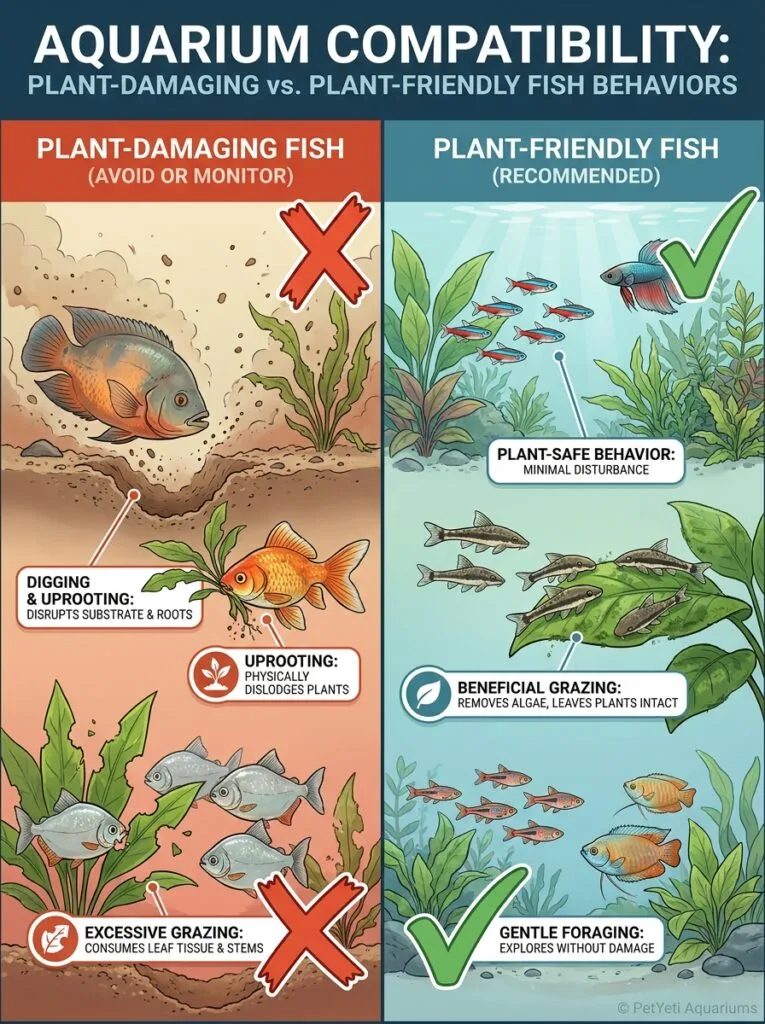 Examples of fish behaviors that may damage aquarium plants
