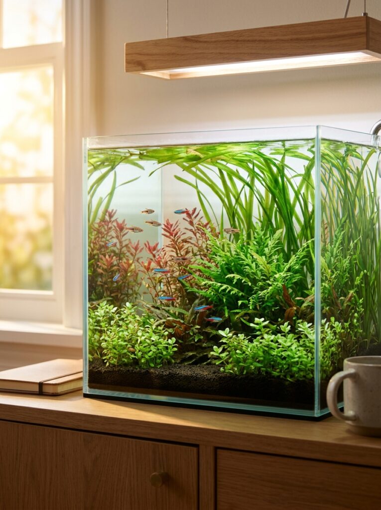 Well-balanced aquarium background planting arrangement