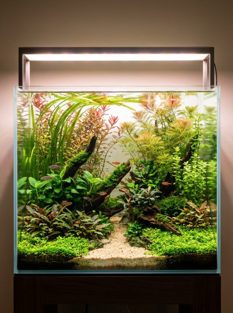 Layered aquascape showing foreground, midground, and background zones