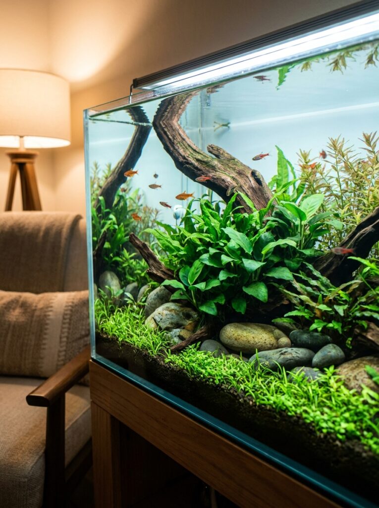 Beautiful planted aquarium showcasing healthy midground plants