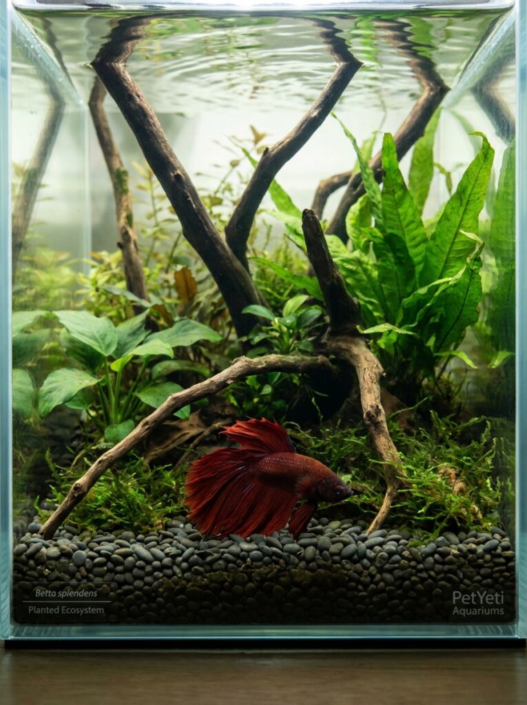 Sleeping Betta fish resting peacefully in a planted aquarium environment.