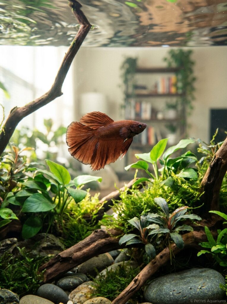 Healthy Betta fish swimming confidently through a thriving planted aquarium.