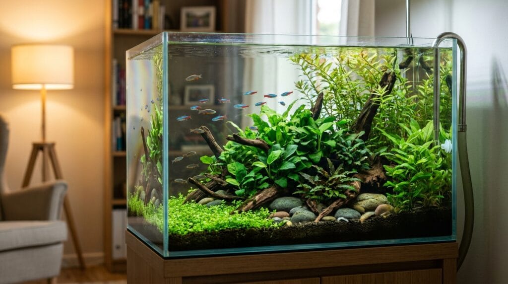 Beautiful planted aquarium showcasing healthy midground plants