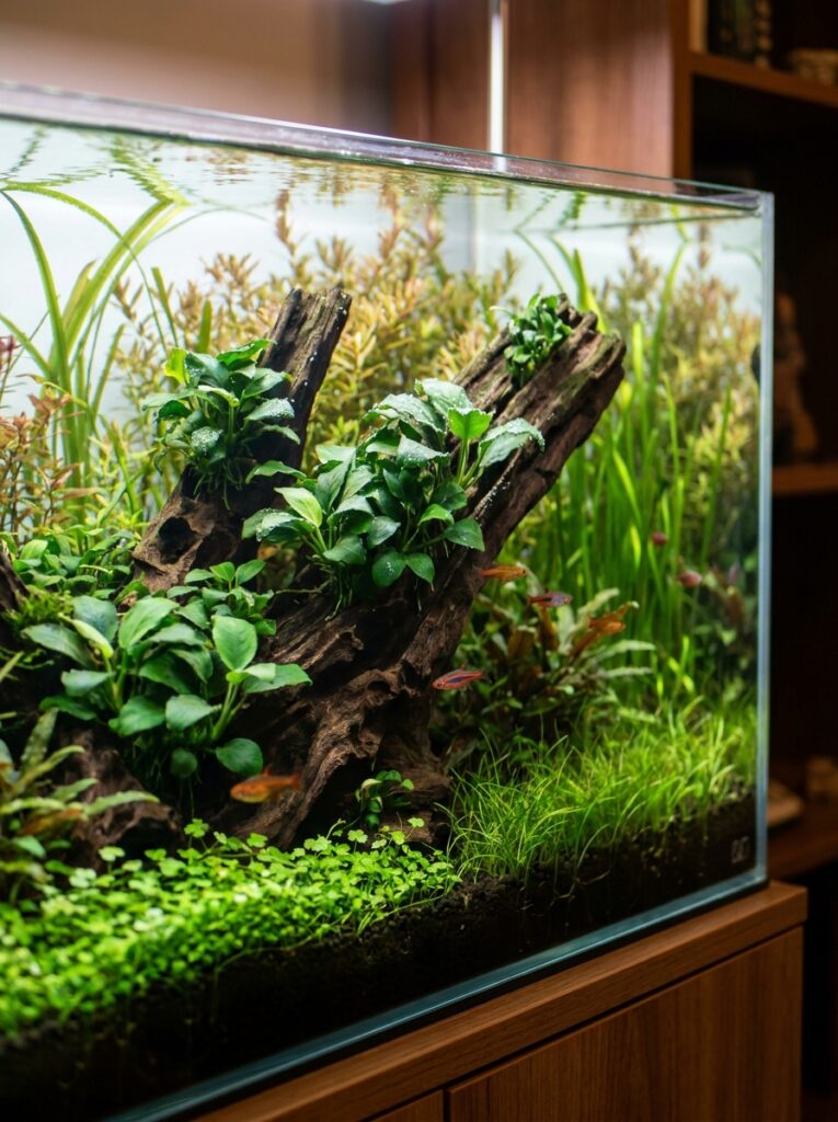 Anubias Nana attached to driftwood in the aquarium midground
