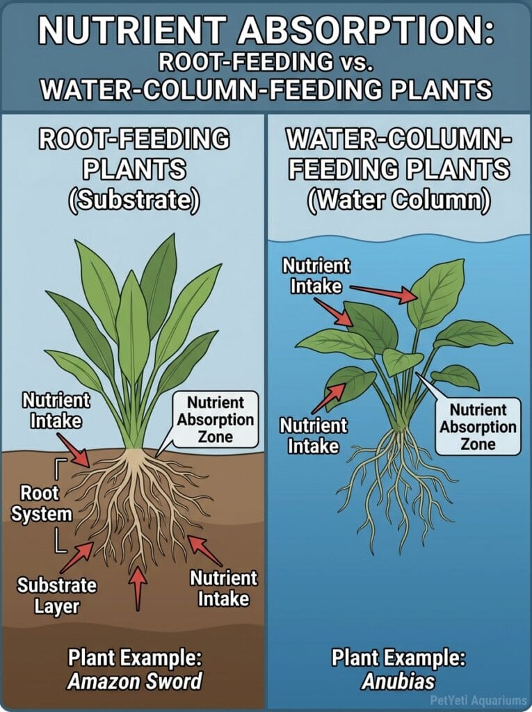 Root feeders versus water-column-feeding aquarium plants