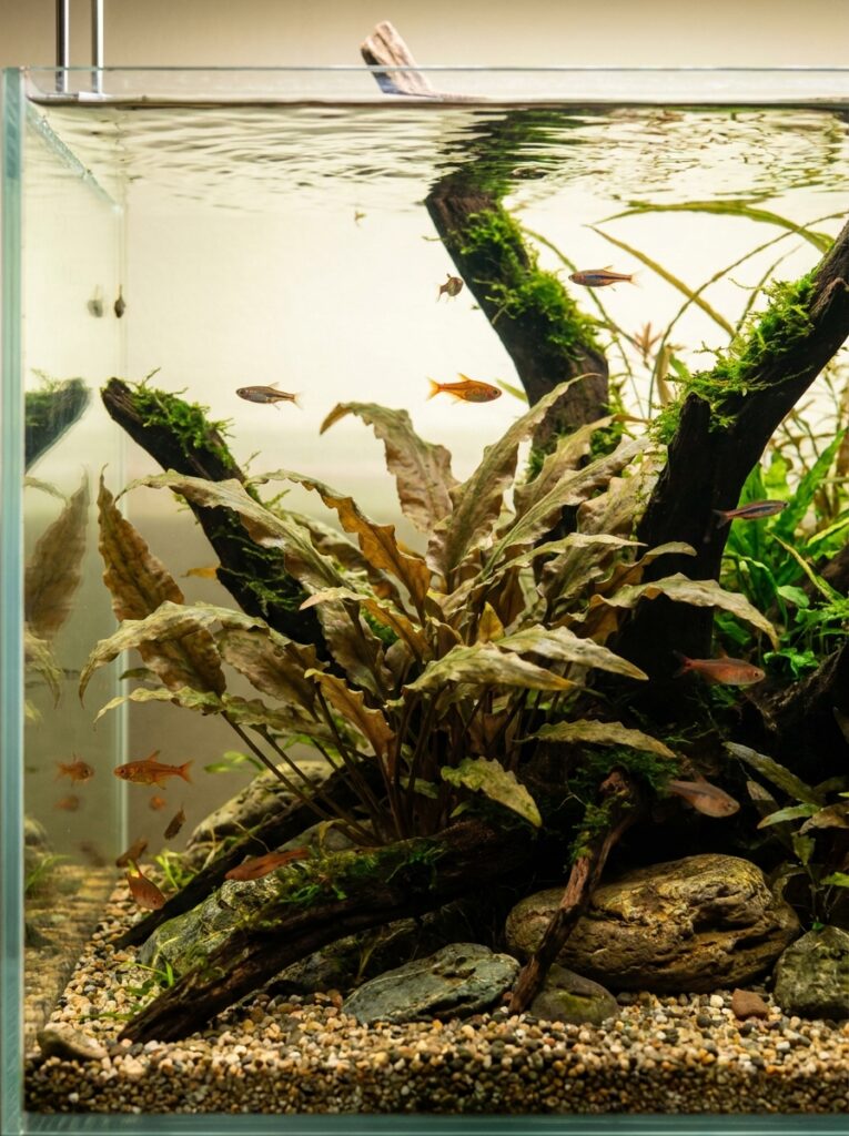 Cryptocoryne Wendtii growing around rocks in a planted tank
