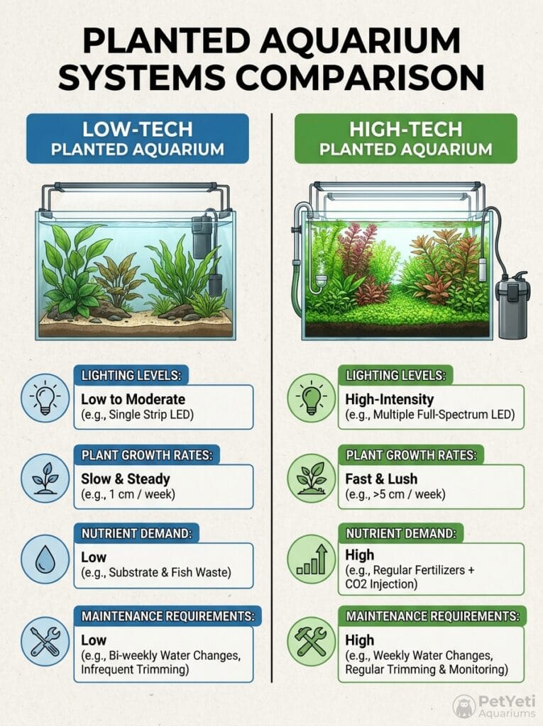 Comparison of low-tech and high-tech planted aquariums