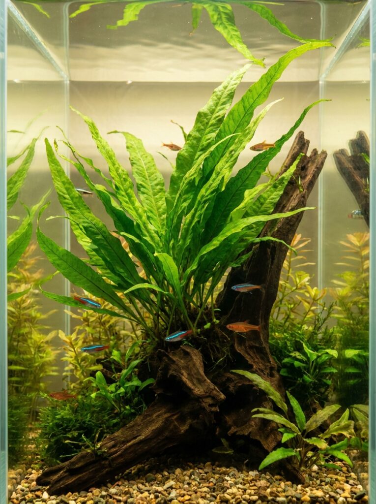 Java Fern attached to driftwood in a natural aquascape