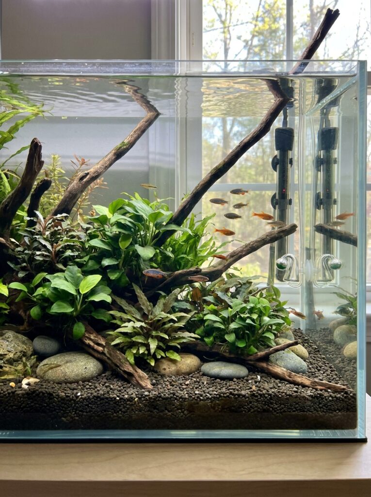 Midground plants arranged naturally around aquarium hardscape