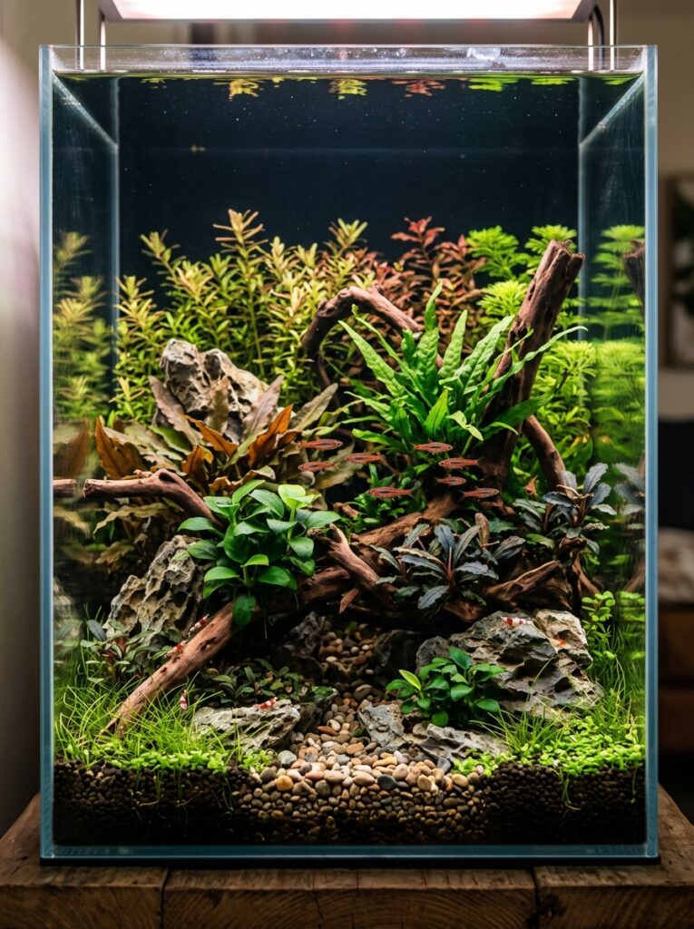 Layered aquascape featuring foreground, midground, and background plants