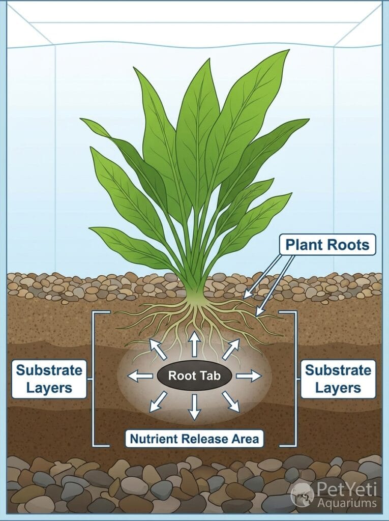 Root tab placed beneath aquarium plant roots