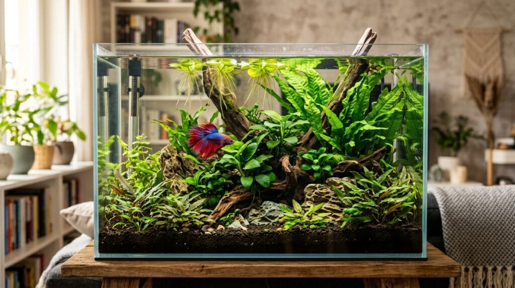 Beautiful planted betta tank with healthy live aquarium plants