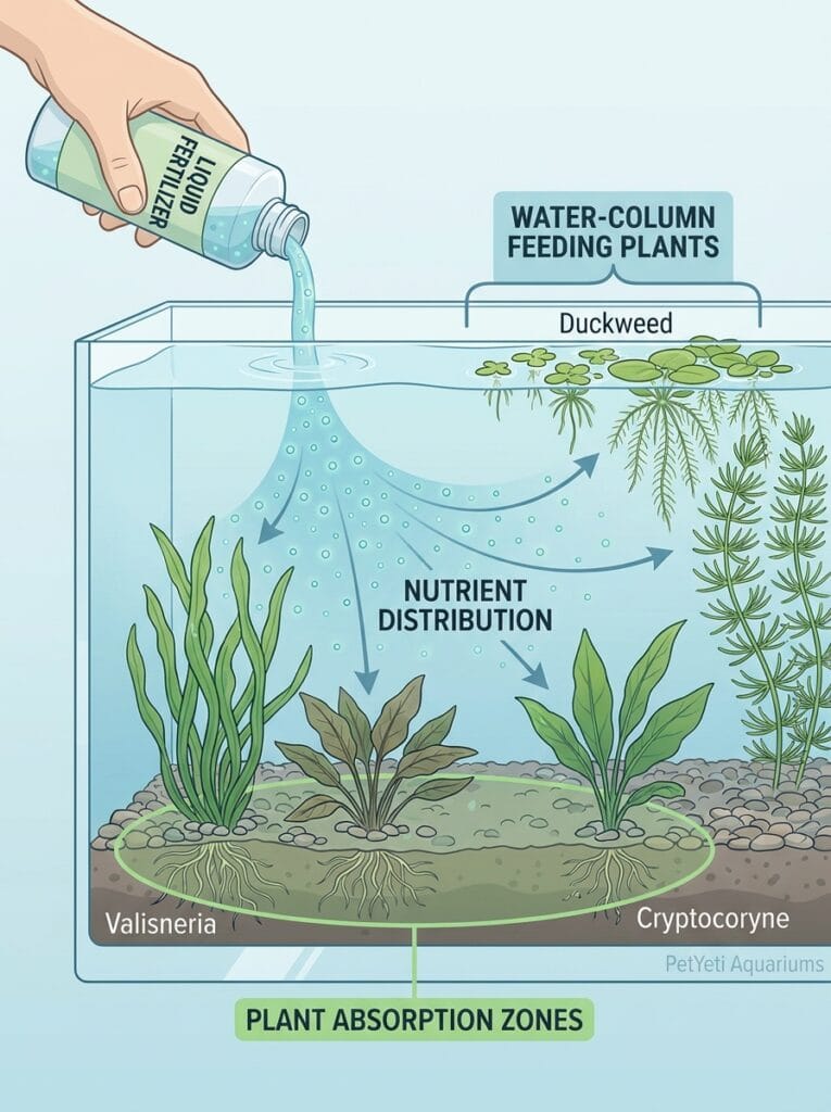 Liquid fertilizer dispersing through aquarium water