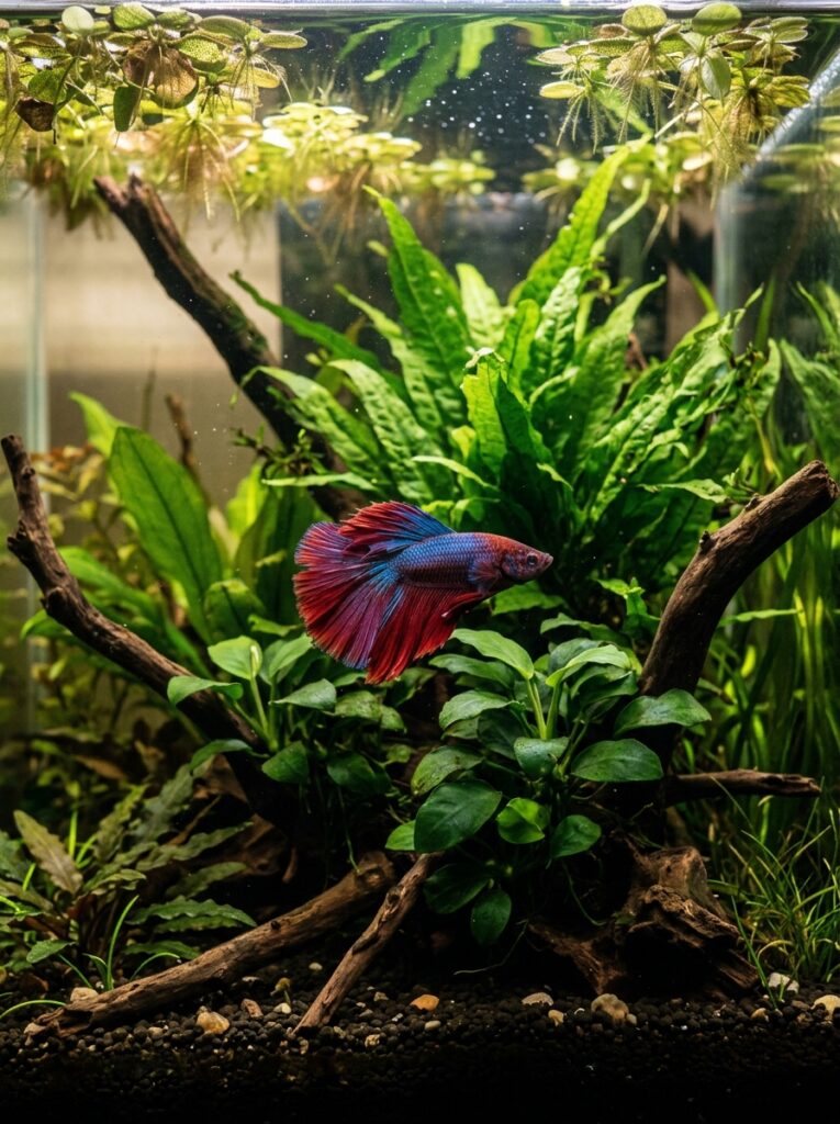 Betta fish swimming through a lush planted aquarium