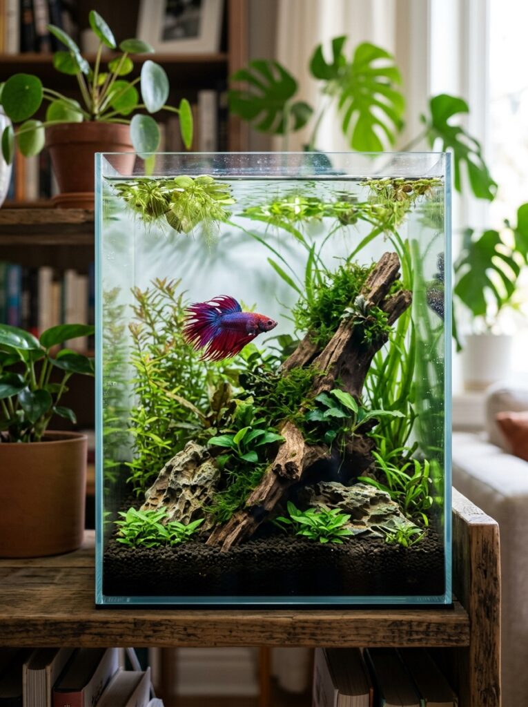 Balanced planted betta tank with natural hardscape and open space