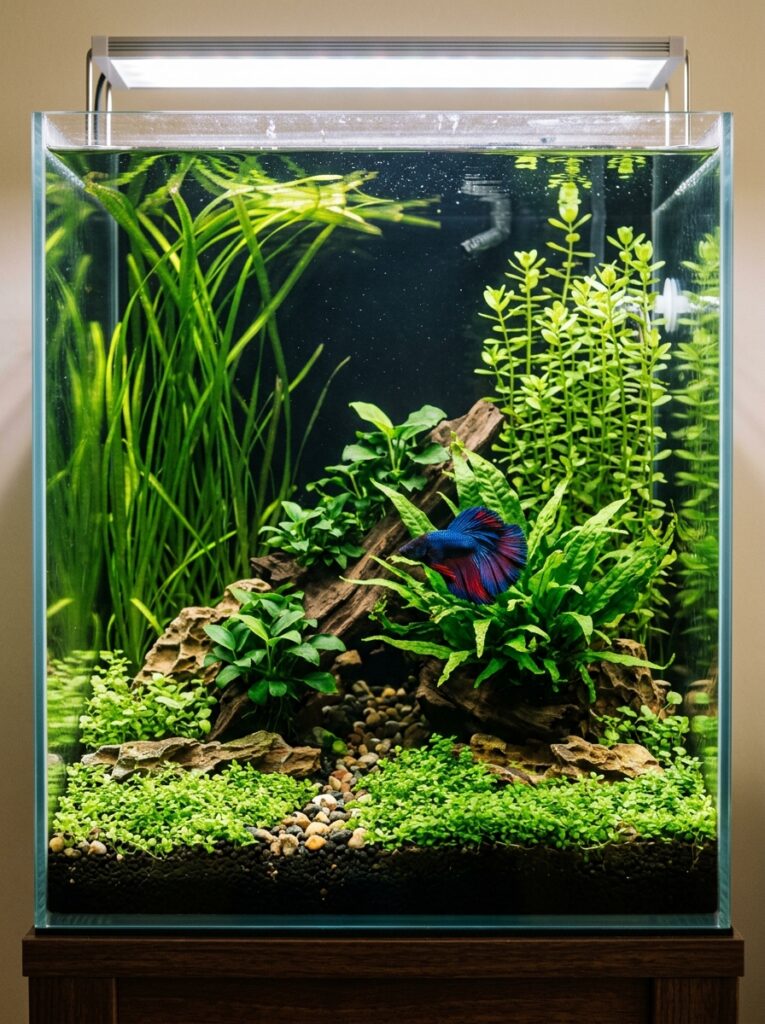 Planted betta aquarium showing foreground, midground, and background layers