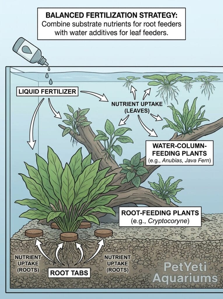 Aquarium using both root tabs and liquid fertilizer